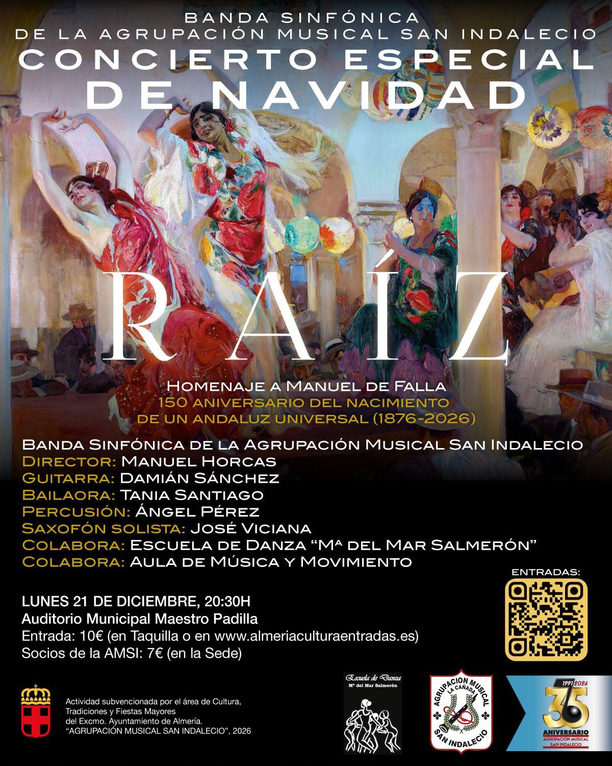 Concierto especial de Navidad Raíz de San Indalecio, 21 de diciembre de 2026 a las 20:30 h, Auditorio Municipal Maestro Padilla. Homenaje a Manuel de Falla.